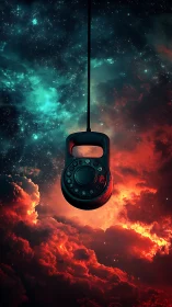 Rotary telephone handset is suspended against nebula sky