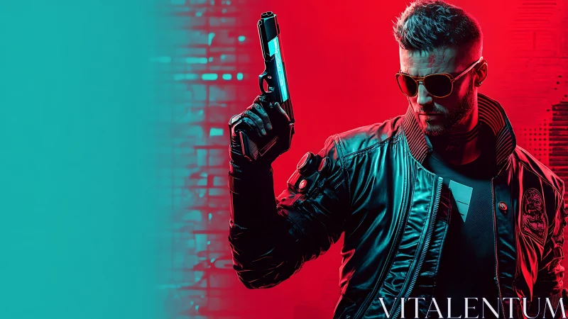 Futuristic gunman in leather jacket on neon red backdrop.