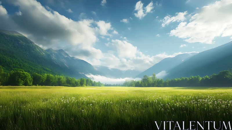 Backlit alpine valley meadow under volumetric clouds and mist