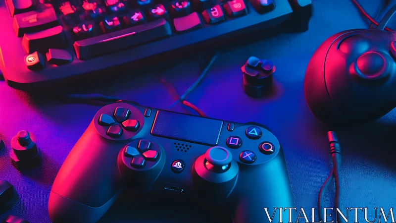 DualShock gamepad under neon key lighting defines gaming setup