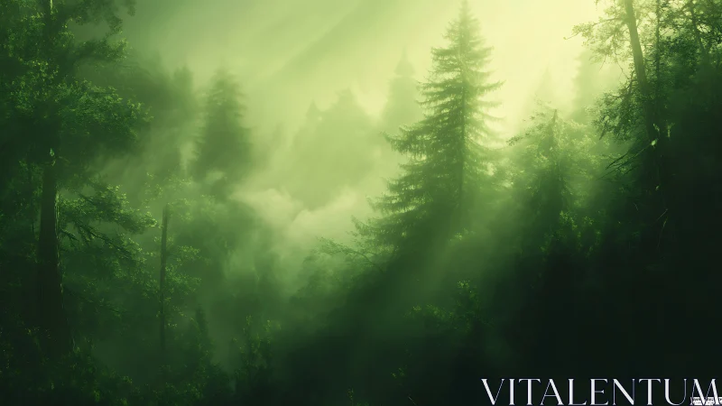 Misty Coniferous Forest Bathed in Ethereal Sunlight