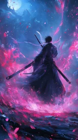 Moonlit swordsman steps into swirling pink and blue magic