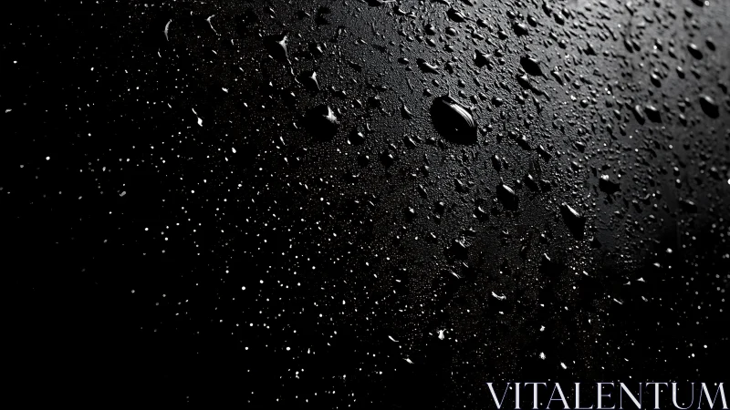 Glistening raindrops across black glass in stark contrast.