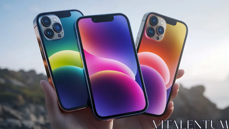 Three smartphones displaying gradient wallpapers held in hand.