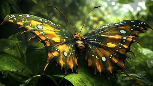 Iridescent jungle butterfly rests on dewlit emerald leaves.