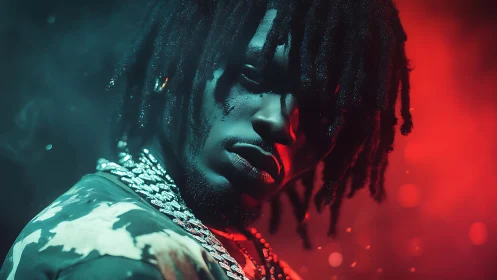 Portrait shows man in colored side lighting with chain jewelry