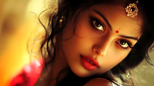 Digital portrait of woman with golden bindi and warm light.