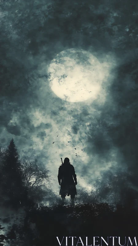 Solitary armed figure silhouetted against large full moon.