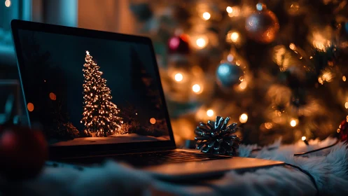Laptop displays glowing Christmas tree beside warm lights.