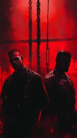 Bloodlit brothers beneath hanging chains of regret.