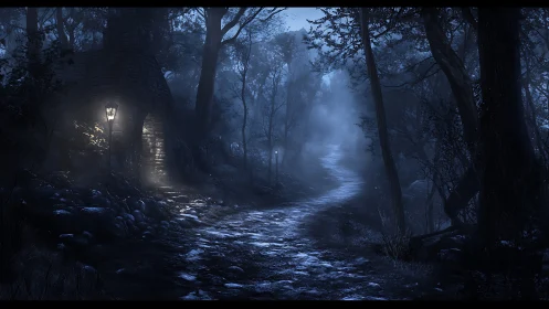 Misty Forest Path: Nocturnal Landscape with Luminous Architecture.