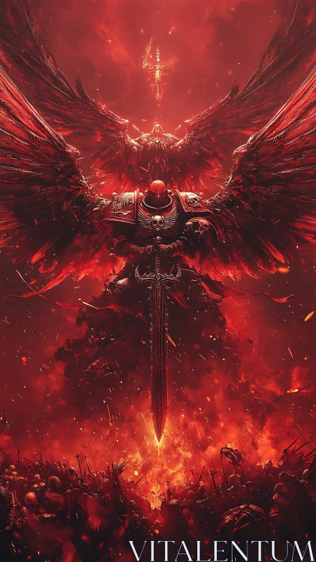 Armored winged warrior over battlefield in red inferno.