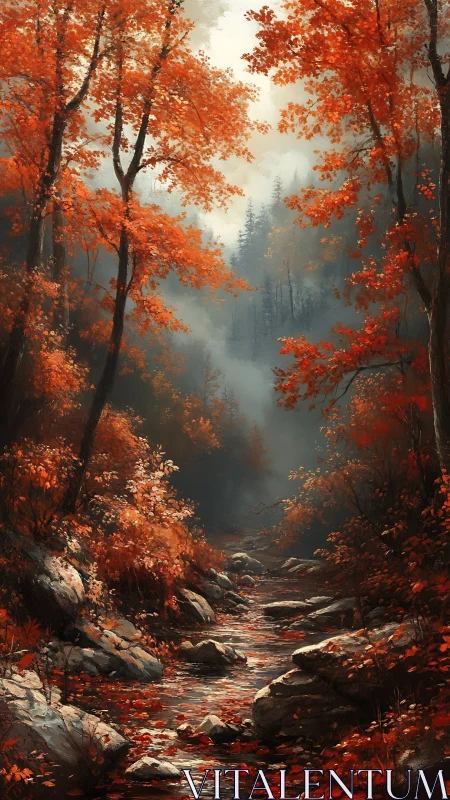 Crimson Canopy: Where Autumn's Fire Meets Misty Streams.