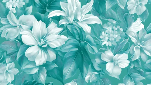 White blooms flourish across turquoise botanical canvas.