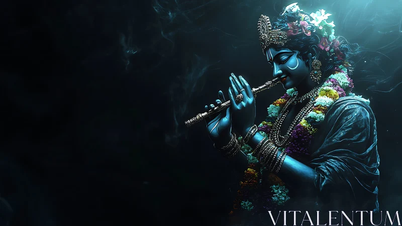 Divine blue musician plays flute amid ethereal dark mist.