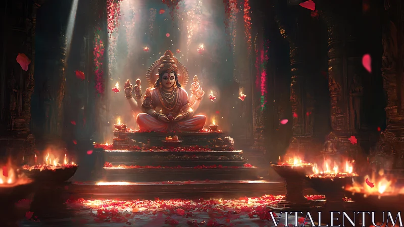 Ritual luminance around four-armed deity in temple sanctum.