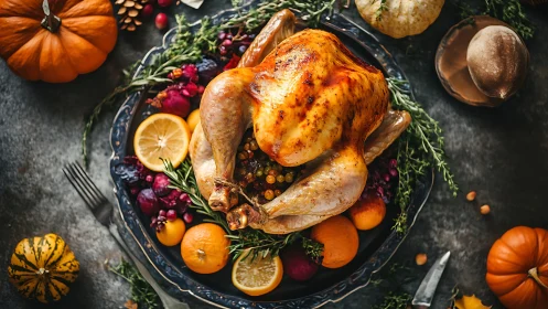 Golden roast turkey surrounded by cozy autumn flavors.