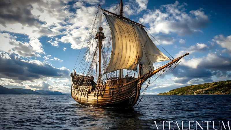 Wooden sailing ship on calm sea under scattered clouds.