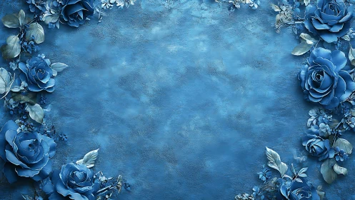 Blue Roses Frame Textured Turquoise Background.