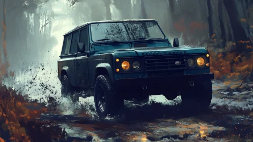 Classic 4x4 powers through misty forest mud trail.