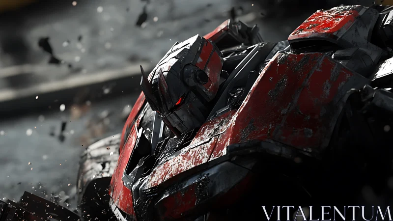 Battle worn red mech warrior rises through swirling debris