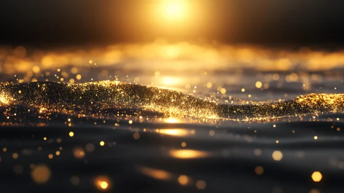 Golden sunset sparkles on tranquil water, dreamy abstract style.