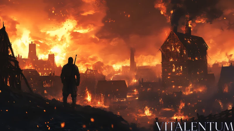 Digital painting of lone warrior surveying burning medieval city.