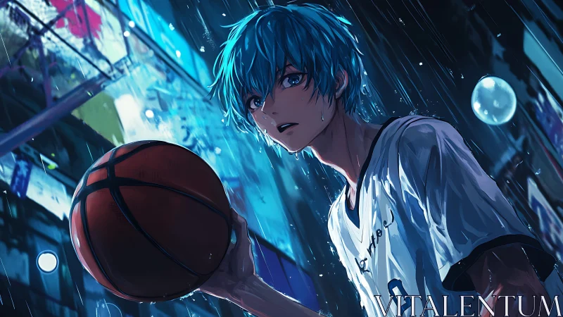 Rainlit streetball dreamer guards the final midnight shot.