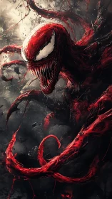 Symbiotic crimson monster with elongated fanged maw surging.