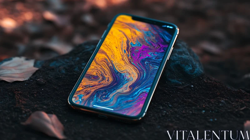 Modern Smartphone with Liquid Abstract Display Wallpaper.