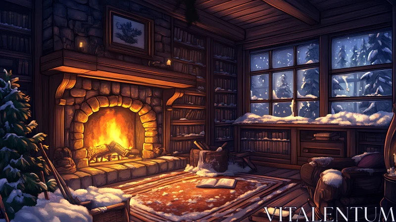 Winter library hearth with glowing fire and snowbound view.