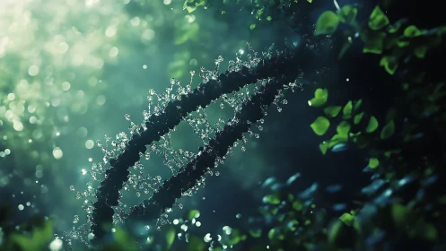 Glowing DNA helix suspended in lush green forest light.