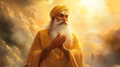 Golden-robed spiritual elder stands amid radiant clouds.