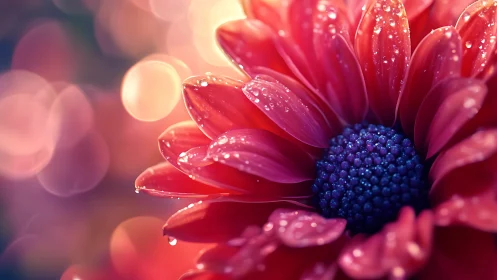 Vibrant Red Gerbera Daisy with Dew Drops and Bokeh.
