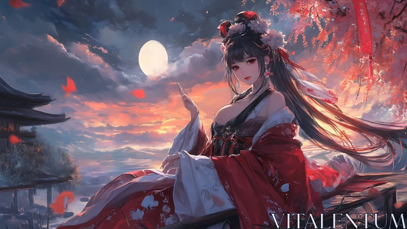 Female figure in red kimono sits beneath full evening moon