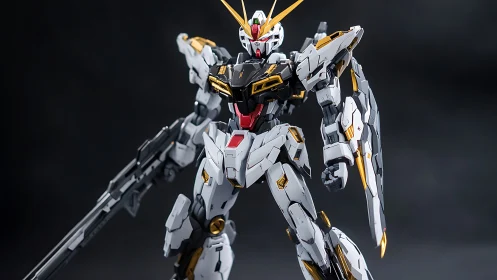 Mecha model robot with dynamic armor plating and rifle.