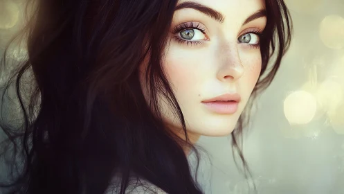 Starlit-eyed muse turns toward soft bokeh whispers of light