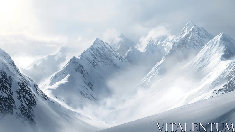 Snowbound alpine peaks under drifting winter mist.