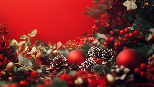 Festive red Christmas ornaments rest among pine and berries.