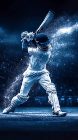 Dynamic blue-toned cricket batsman executing powerful cover drive
