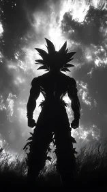 Silhouetted spiky haired figure under bright clouded sky.