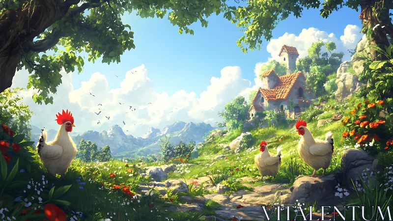 Digital painting of roosters in pastoral farmland with mountains