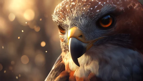 Majestic Hawk Close-Up in Warm Golden Light, Hyperrealistic Style.