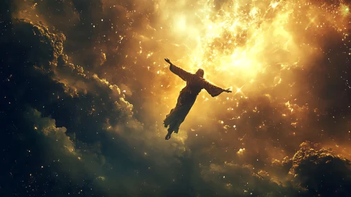 Luminous robed figure ascends through blazing golden nebula