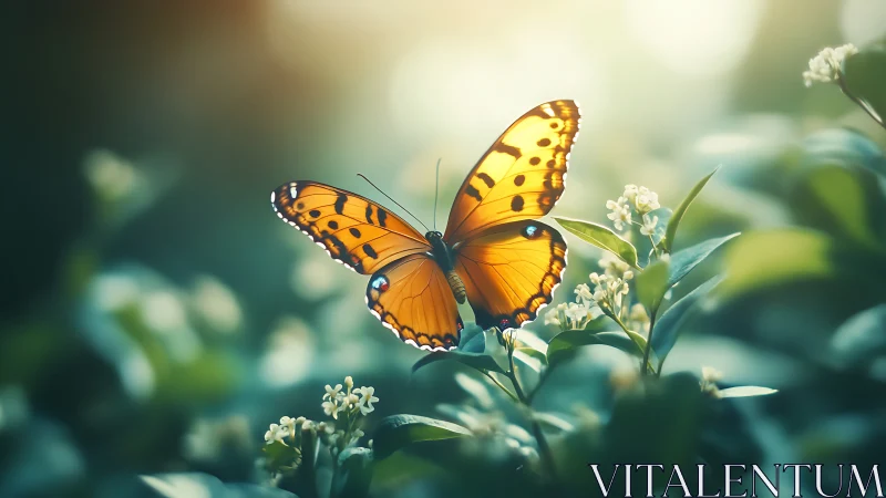 Orange butterfly rests on leaves in dreamy forest light.