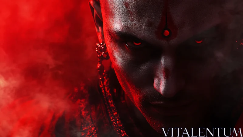 Demonic red-eyed portrait in intense low key crimson light.