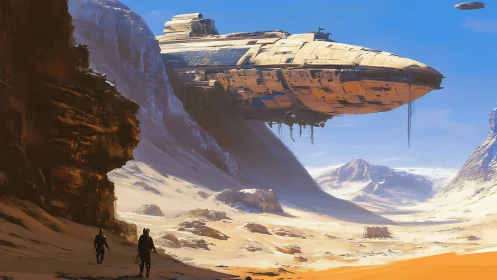 Concept art of desert canyon with hovering starship structure.