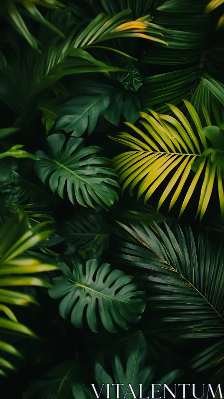 Overlapping tropical foliage with varied leaf structures.