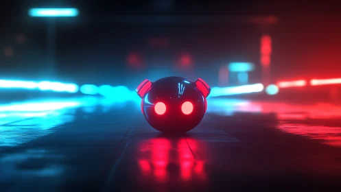 Neon-illuminated spherical drone in defocused cyber corridor.