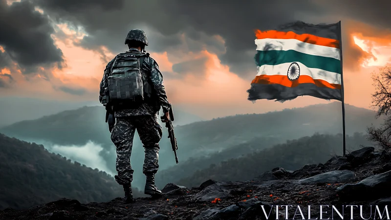 Backlit soldier on ridge with Indian flag in turbulent sky.